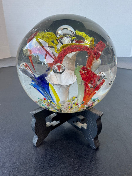 (G) Bubble Floral Garden Art Glass Paperweight on Stand AS IS (READ DESCRIPTION CAREFULLY)