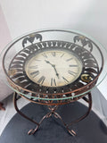 Glass Top Metal Scroll Clock Side Table (WORKS)