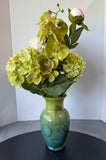 Mixed Faux Florals in Green & Blue Art Glass Vase