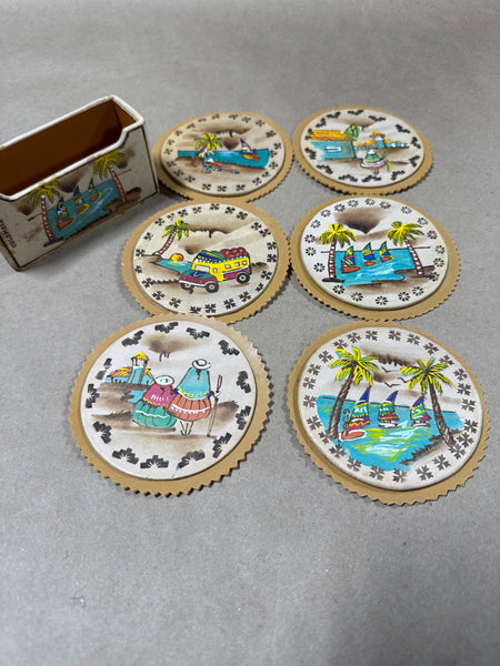 Set Of 6 Leather Handpainted Coasters From Columbia