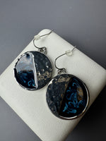 Blue Swirl & Hammered Silver Tone Disc Earrings