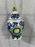 Blue & White Chinoiserie Glass Ginger Jar Ornament with Painted Green Boxwood Wreath on Front,5 1/2" height,  2 Available, PRICED INDIVIDUALLY