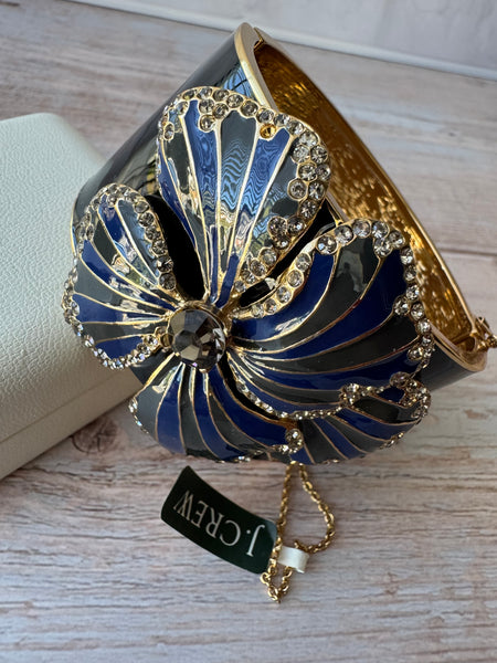 J. Crew Navy & Gold Tone Enamel Rhinestone Flower Cuff Bracelet