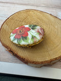 Hibiscus & Rose Floral Porcelain Transferware Vintage Oval Brooch