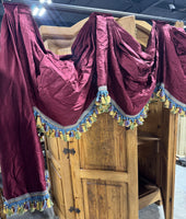 Burgundy Waterfall Valance with Tassels on Wooden Rod