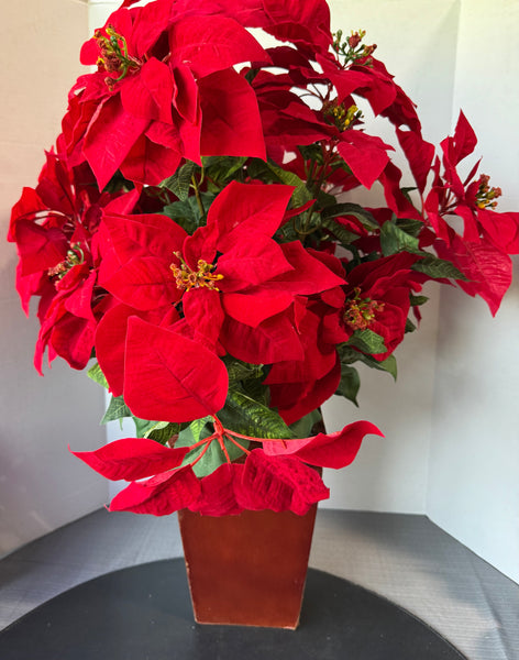 XL Faux Poinsettia Arrangement in Wooden Planter