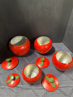 Mid Century Red Apple Enameled Metal 4 Pc Kitchen Canister Set