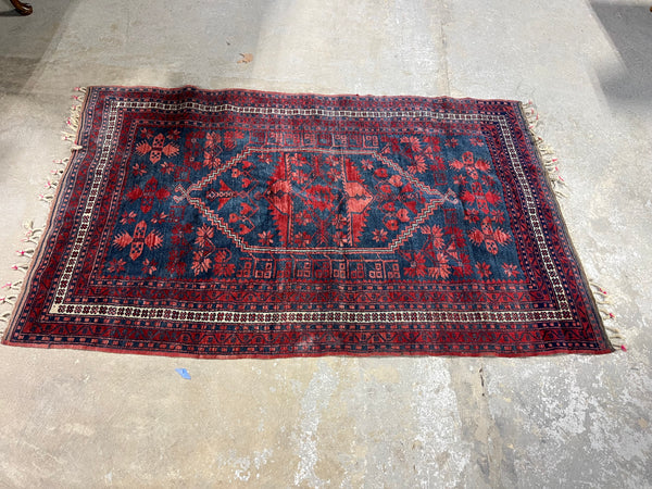 B- Hand Knotted Rug, Red/blue color tones, 6 ft x 3 1/2 ft