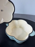 Robin’s Egg Blue Smith & Clark Ironworks 2.2 Qt Enameled Cast Iron Flower Dutch Oven with Le Creuset Lid