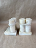 Alabaster Pair of Carved Column Pillar Candlesticks with Rope-Twist Detail