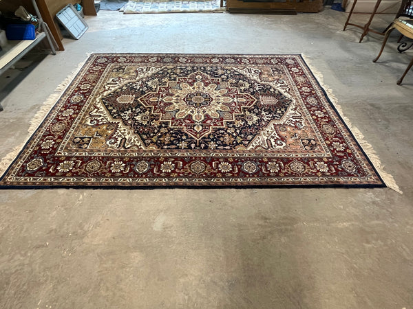(J) Hand Woven Wool Rug, navy/wine/cream colors, 10 ft x 8 ft ***HEAVY ITEM***