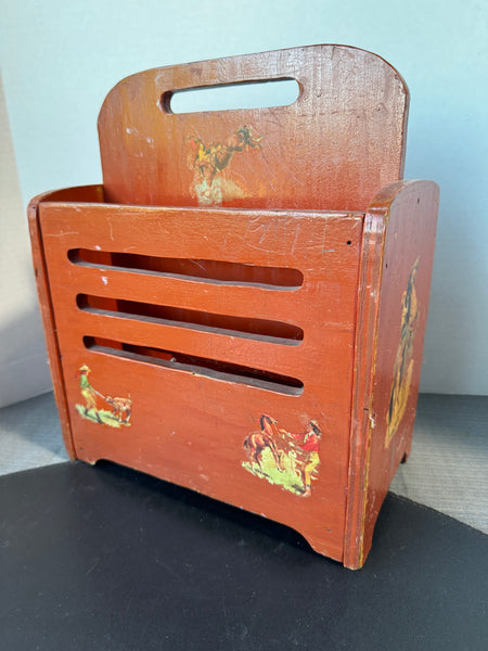 Painted Wooden Divided Magazine Rack with Western Motif