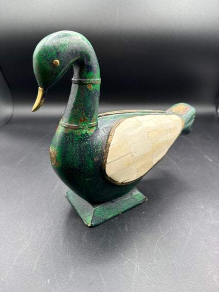 Green Wooden Swan With Mother Of Pearl Wings