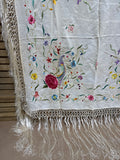 Floral And Bird Hand Embroidered Silk Shawl With Fringe * READ DESCRIPTION *