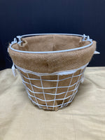 White Wire Basket with Burlap Liner