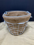 White Wire Basket with Burlap Liner