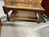 Cane/Glass Top Drop Leaf Coffee Table