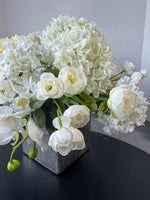 Assorted White Faux Florals in Silver Tone Textured Planter
