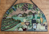 Joan Baker Designs Wine & Cheese Arched Stained Glass Hanging Panel