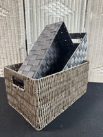 Trio of Gray Storage Baskets: Woven Plastic & Fabric