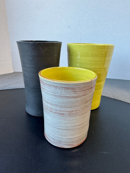 (E) 3-Piece Glazed Cylindrical Hand Made Pottery Vases