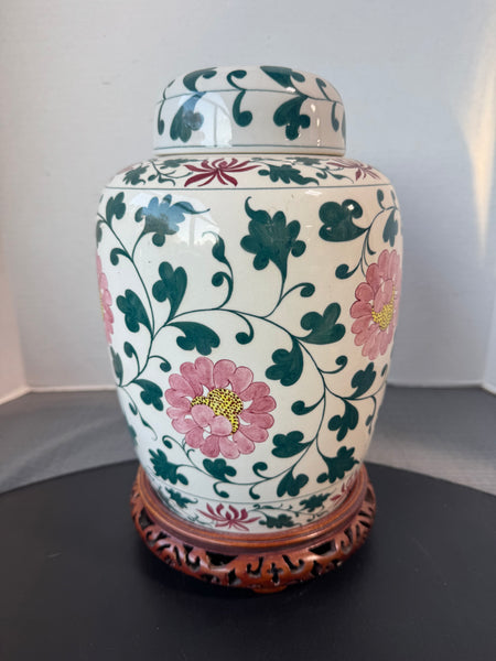 Chinese Teal & Pink Chrysanthemum Porcelain Urn on Wooden Stand