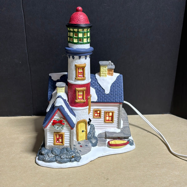 1998 St. Nicholas Square Village Holiday Lighthouse Light Up Ceramic (WORKS)