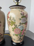 Pair of Asian Inspired Floral Fruit Ceramic Urn Lamps (WORKS)