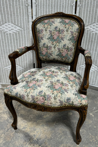 French Louis XV Style Vintage Fauteuil Chair with Floral Tapestry