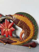 Hand Carved & Painted Dual Fish Lotus Wooden Wall Hanging with Pegs