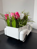 White Metal Pickup Truck with Faux Tulips
