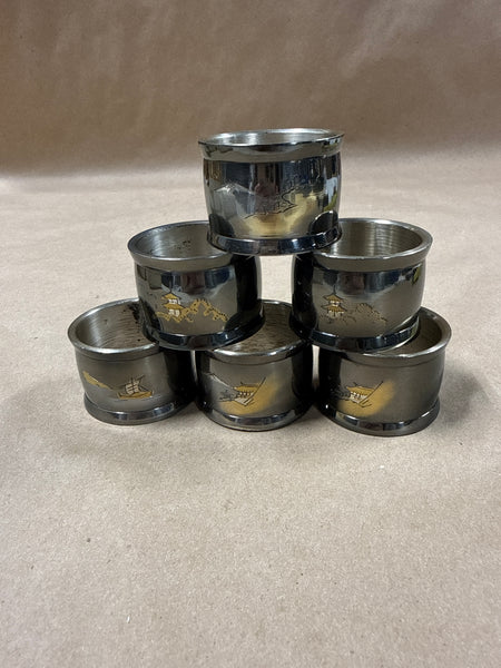 Set of 6 Black Enamel Japanese Napkin Rings with Gold Etchings And Silver With Box // 2 Sets Available // *** Priced Individually ***