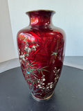 Japanese Ginbari Cloisonne Red Cherry Blossom & Birds Vase