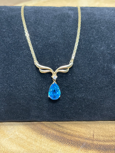 14K Gold Necklace with Blue Topaz/Diamond Removable Pendant