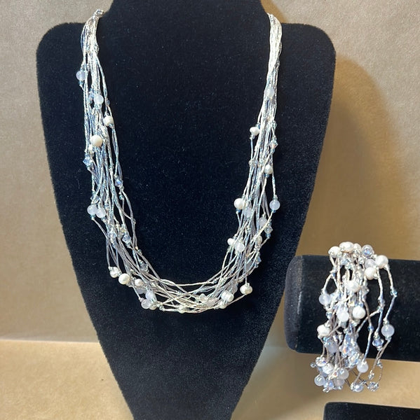 Beads on Strands of Silver Yarn; Necklace & Bracelet Set