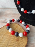 Red, White & Blue Long Beaded Necklace & Stretch Bracelet Set
