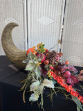 Large Faux Floral Wicker Woven Cornucopia on Stand