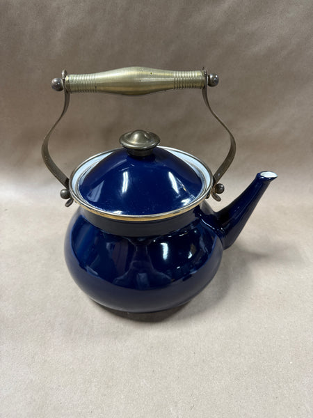 Dark Blue Teapot With Brass Trim And Handle