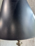 Pair of Baldwin Style Brushed Nickel Large Candlestick Table Lamps with Black Shades (WORKS)