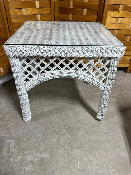 White Wicker & Glass End Table