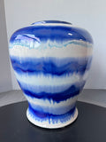 Blue & White Drip Glazed Large Striped Pottery Vase (A)