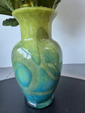 Mixed Faux Florals in Green & Blue Art Glass Vase