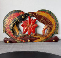 Hand Carved & Painted Dual Fish Lotus Wooden Wall Hanging with Pegs