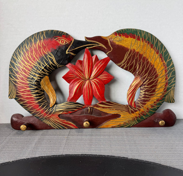 Hand Carved & Painted Dual Fish Lotus Wooden Wall Hanging with Pegs