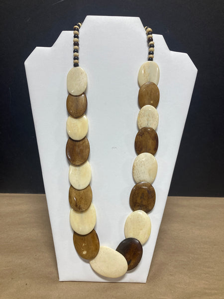 Wood Carved Tan and Cream Disc Necklace