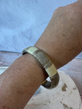 Cream Enamel & Textured Gold Tone Hinged Cuff Bracelet