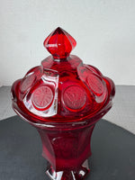 (B) Fostoria Ruby Red Coin Glass Covered Pedestal Urn