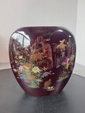 Nagoya Japanese Burgundy Floral Birds Flattened Ceramic Vase
