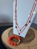 Long Gold Tone Disc & Orange Beaded Necklace & Stretch Bracelet Set