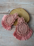 Pink Beadwork Large Fringed Earrings